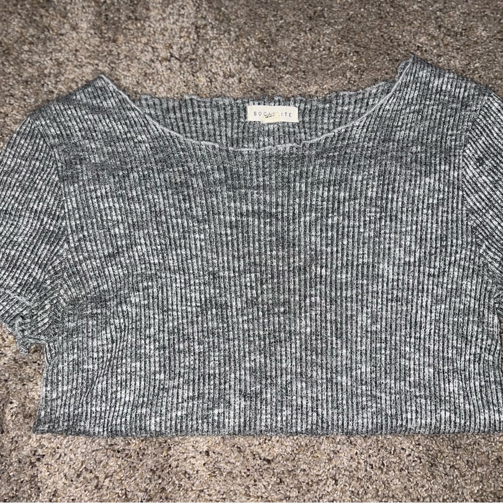 Gray Ribbed Short Sleeve Top